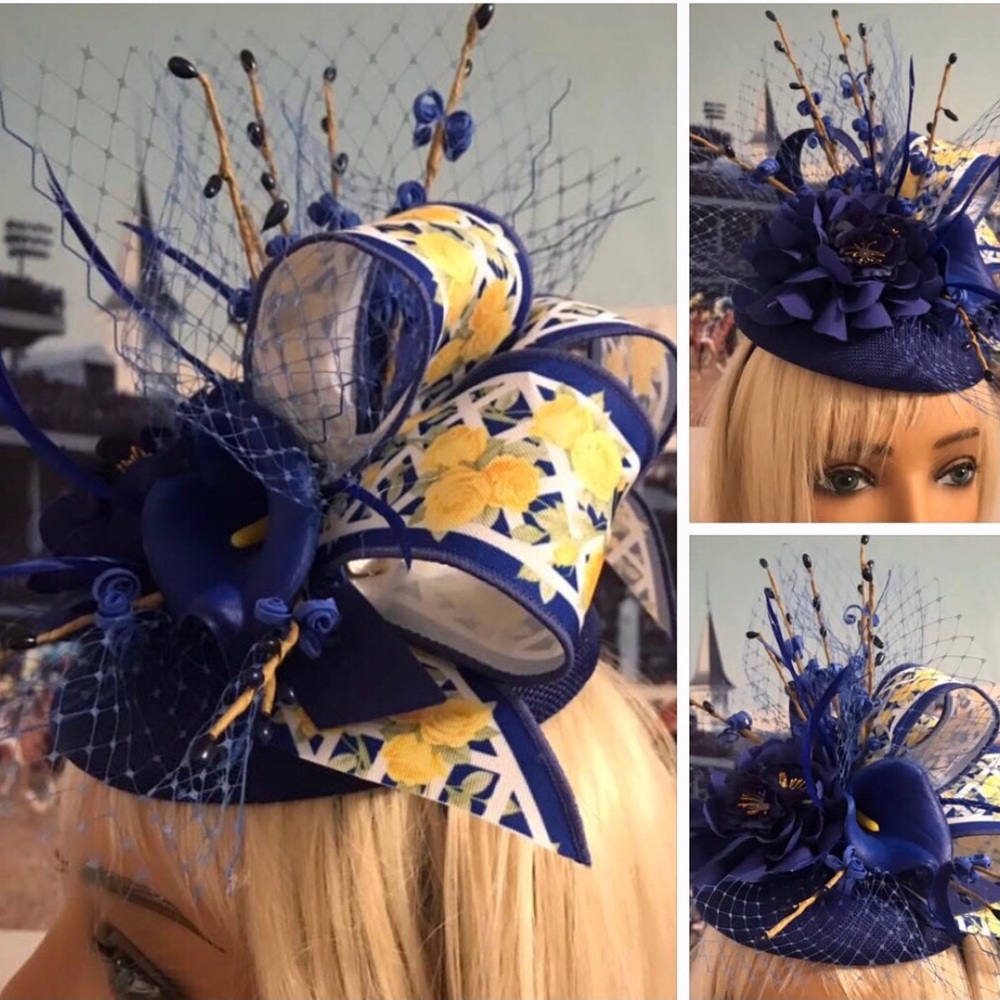 Royal Blue and Yellow Floral Fascinator Hat for Women